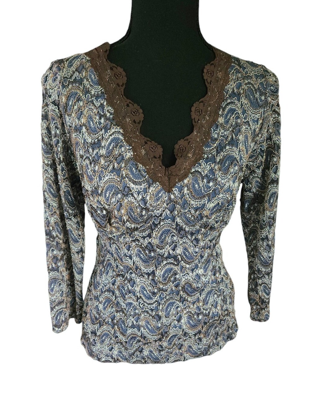 Y2k 2000s Fairycore Lace Studio 1940 Brown Blue 3/4 Sleeve Top Sz M